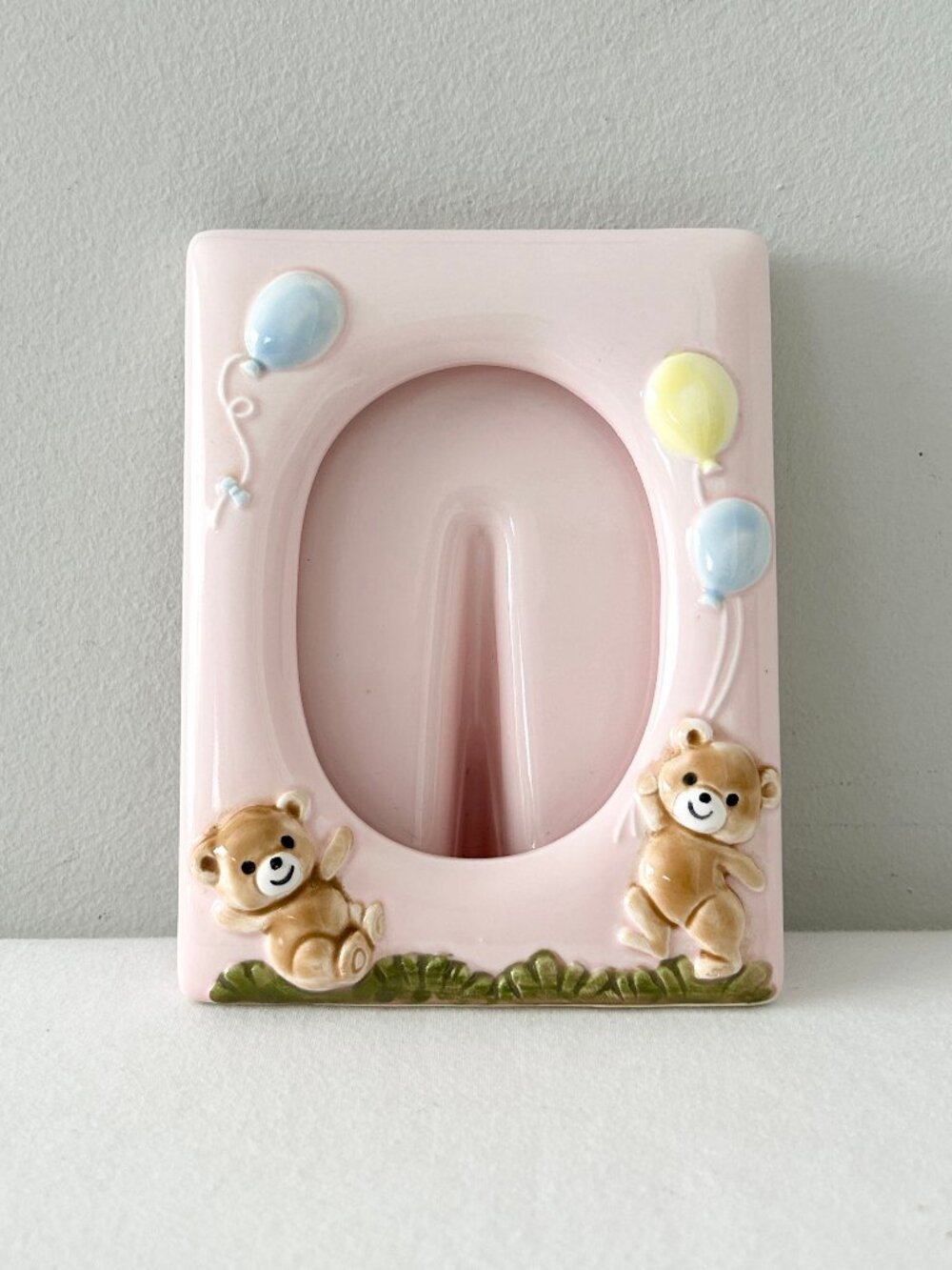 Vintage NORCREST Teddy Bear Photo Frame Ceramic Pink 80s Baby Nursery Picture